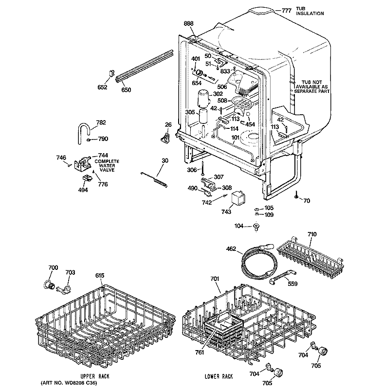 BODY PARTS Diagram and Parts List for GSD2400N10BB  General Electric Dishwasher