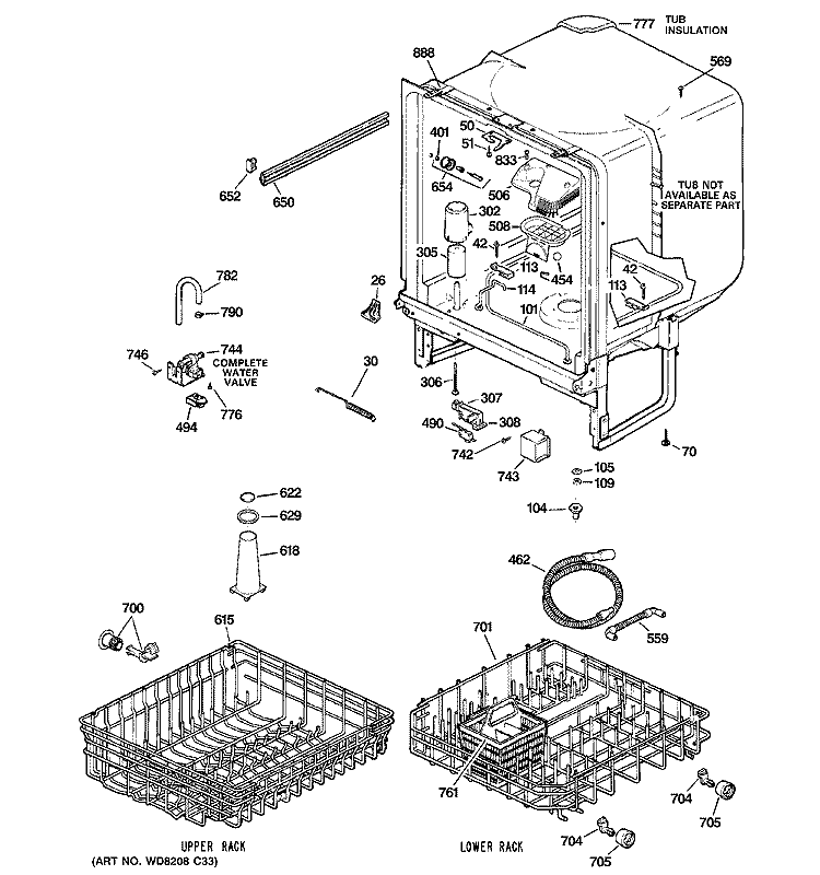 BODY PARTS Diagram and Parts List for GSD3300N10CC  General Electric Dishwasher