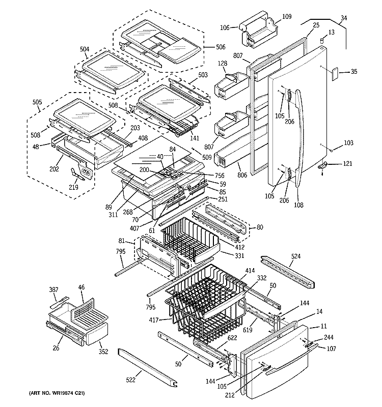DOORS & SHELVES Diagram and Parts List for PDS22MISABB  General Electric Refrigerator