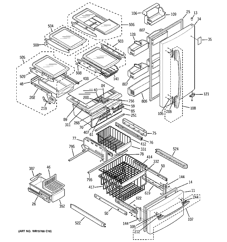 DOORS & SHELVES Diagram and Parts List for PDS22SCRBRSS  General Electric Refrigerator