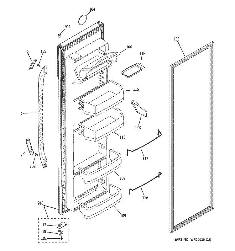 FRESH FOOD DOOR Diagram and Parts List for GSE22KETCFWW  General Electric Refrigerator