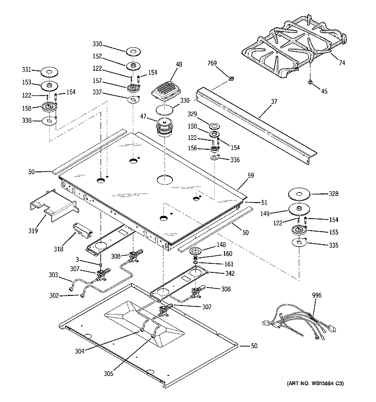 COOKTOP Diagram and Parts List for JGS968SEK4SS  General Electric Range