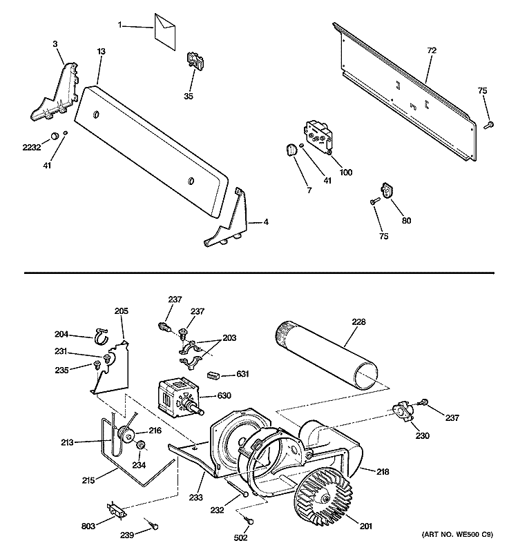 BACKSPLASH, BLOWER & MOTOR Diagram and Parts List for NVLR223EH2WO  Hotpoint Dryer