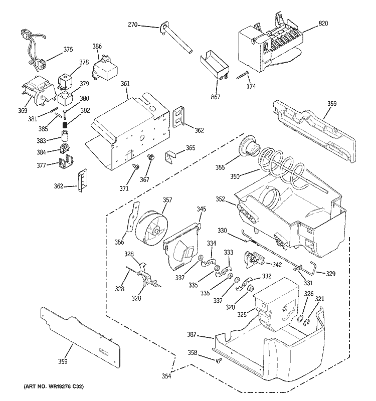 ICE MAKER & DISPENSER Diagram and Parts List for GCF23KGWAWW  General Electric Refrigerator