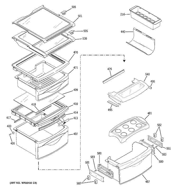 FRESH FOOD SHELVES Diagram and Parts List for PSE27NGWAFBB  General Electric Refrigerator