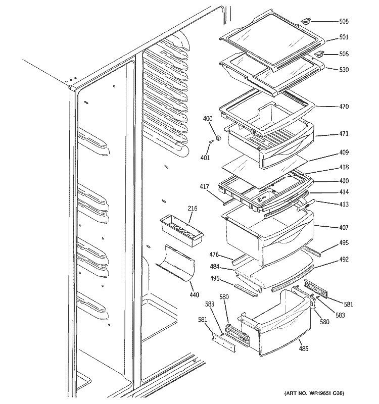 FRESH FOOD SHELVES Diagram and Parts List for PSK27MHSECCC  General Electric Refrigerator