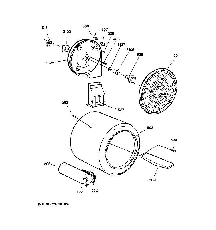 DRUM Diagram and Parts List for DBXR463PG0WW  General Electric Dryer