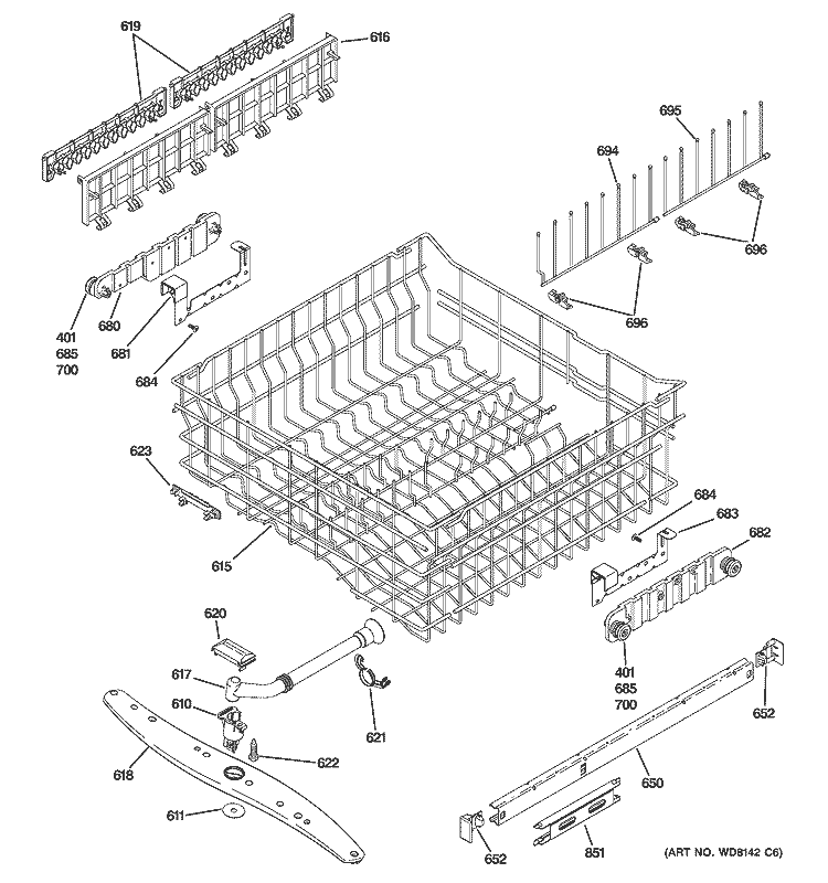 UPPER RACK ASSEMBLY Diagram and Parts List for PDW8400N20WW  General Electric Dishwasher