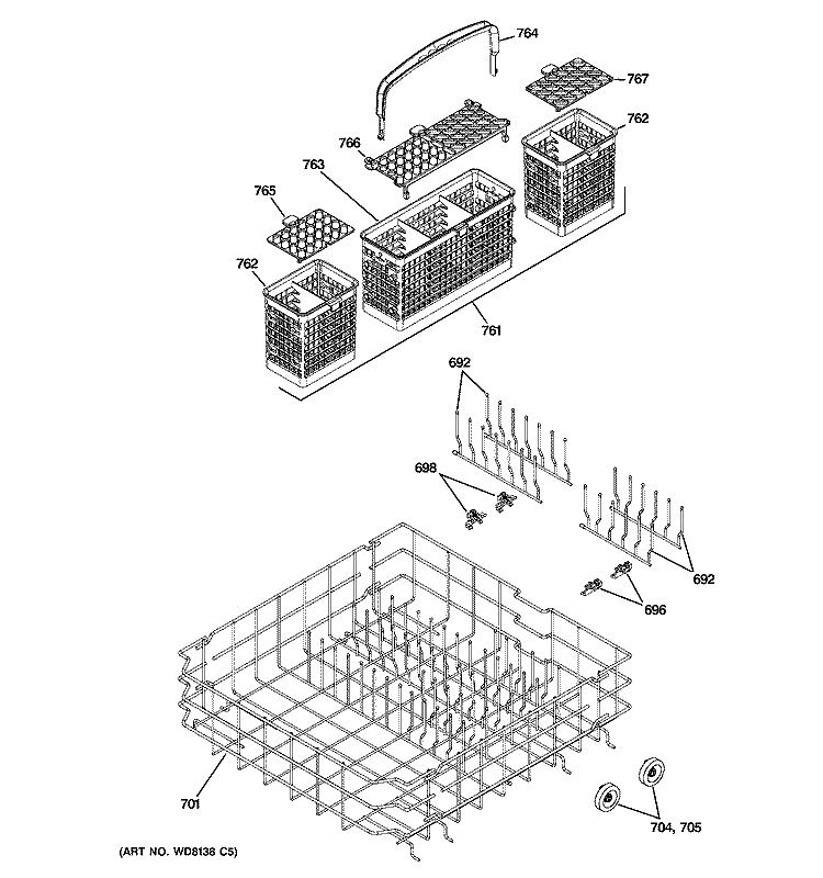 LOWER RACK ASSEMBLY Diagram and Parts List for PDW8400N20WW  General Electric Dishwasher