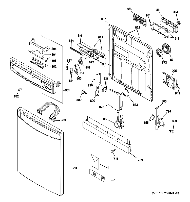 ESCUTCHEON & DOOR ASSEMBLY Diagram and Parts List for PDW8900N20WW  General Electric Dishwasher