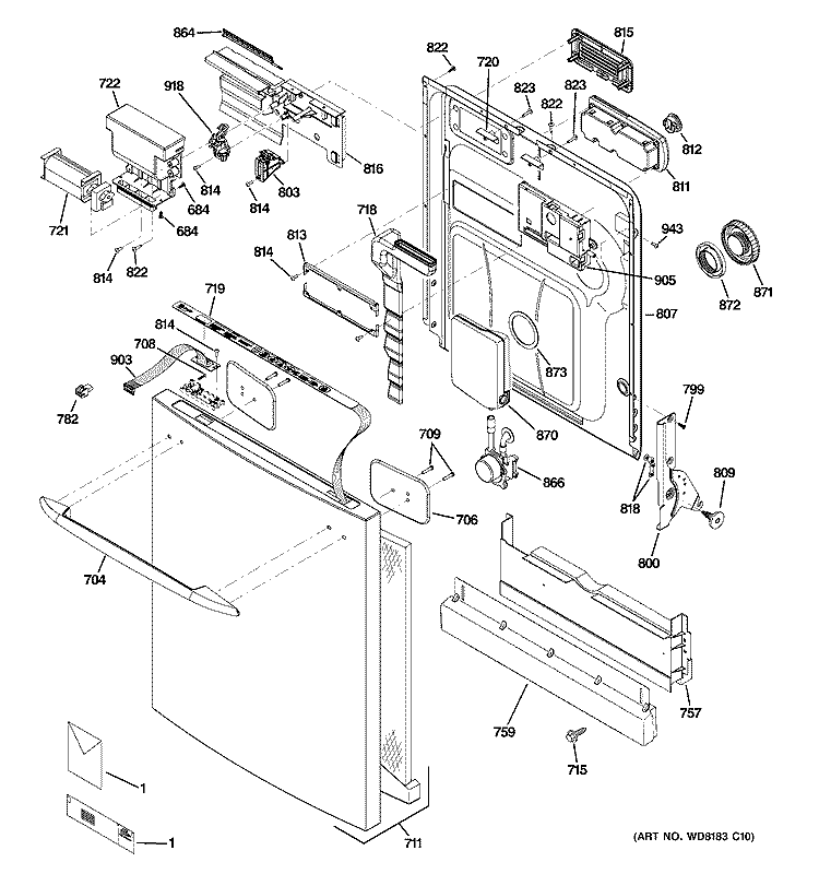 ESCUTCHEON & DOOR ASSEMBLY Diagram and Parts List for PDW9900N20WW  General Electric Dishwasher