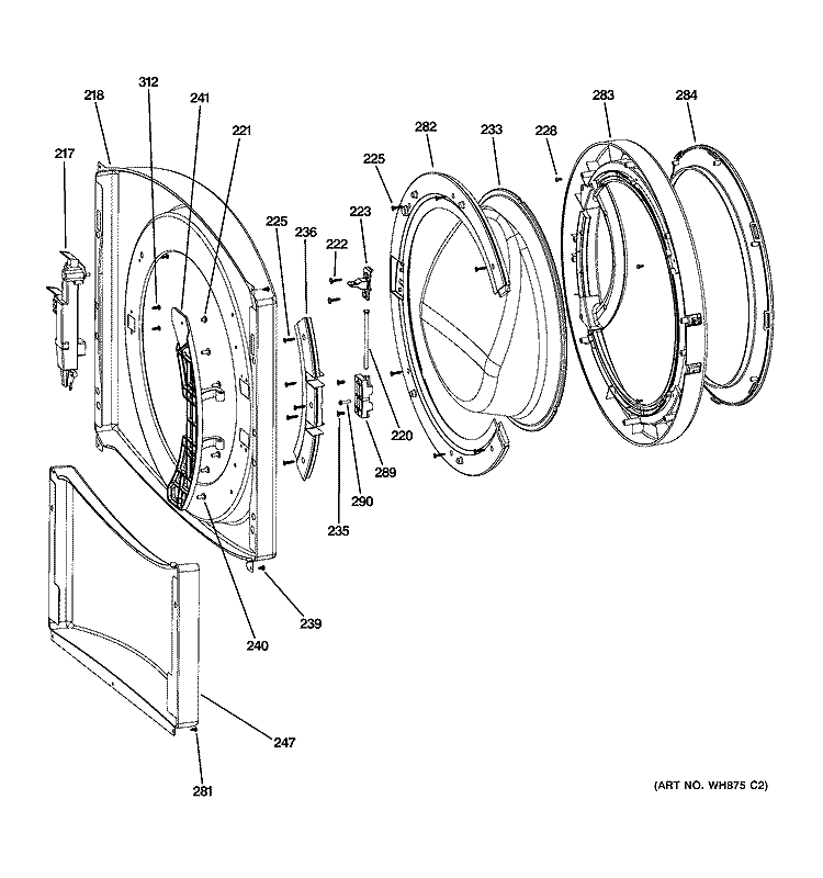 FRONT PANEL & DOOR Diagram and Parts List for WBVH5100H1WW  General Electric Washer