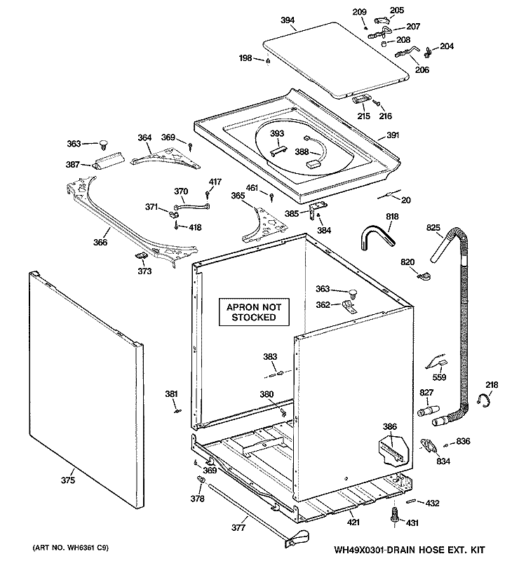 CABINET, COVER & FRONT PANEL Diagram and Parts List for WNCK2050H1WC  General Electric Washer