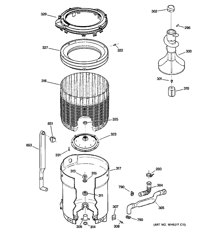 TUB, BASKET & AGITATOR Diagram and Parts List for WNCK2050H1WC  General Electric Washer