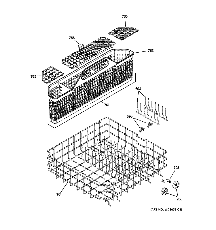 LOWER RACK ASSEMBLY Diagram and Parts List for ZBD6800N20WW  General Electric Dishwasher