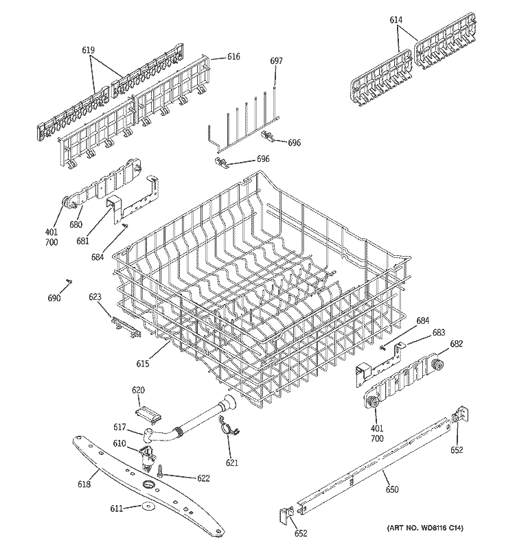 UPPER RACK ASSEMBLY Diagram and Parts List for GLD6600N20WW  General Electric Dishwasher