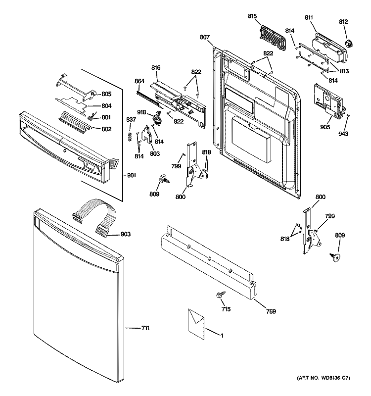 ESCUTCHEON & DOOR ASSEMBLY Diagram and Parts List for PDW8480N20SS  General Electric Dishwasher