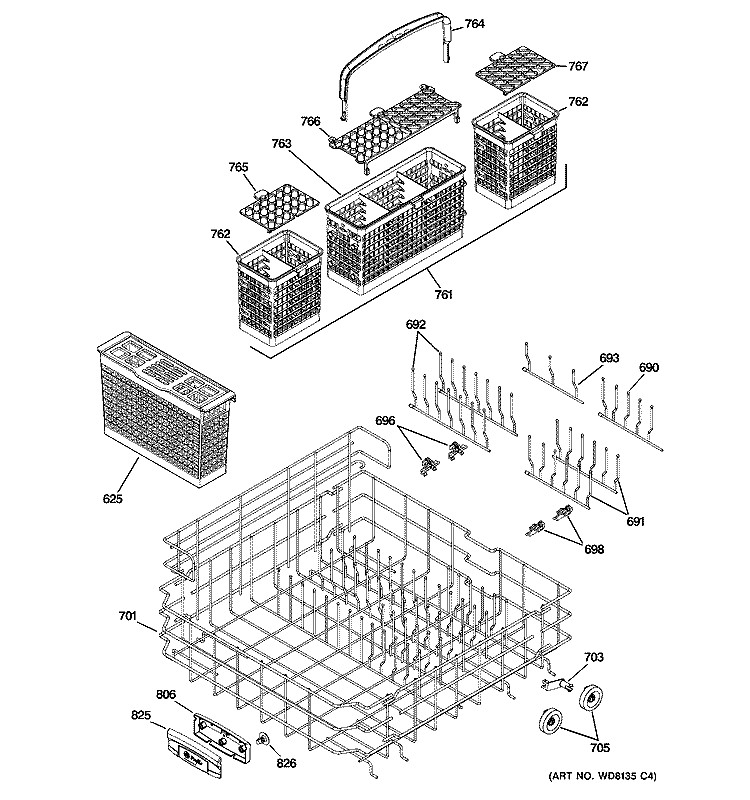LOWER RACK ASSEMBLY Diagram and Parts List for PDW9700N20II  General Electric Dishwasher