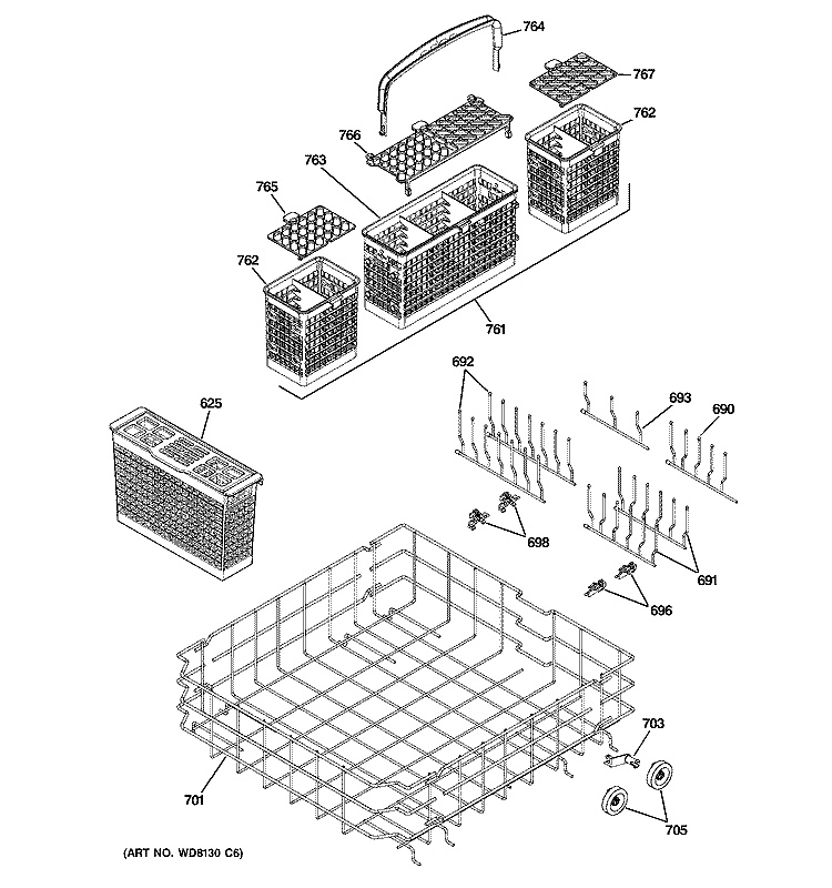 LOWER RACK ASSEMBLY Diagram and Parts List for PDW9880N20SS  General Electric Dishwasher