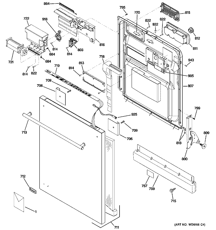ESCUTCHEON & DOOR ASSEMBLY Diagram and Parts List for ZBD0710N20SS  General Electric Dishwasher