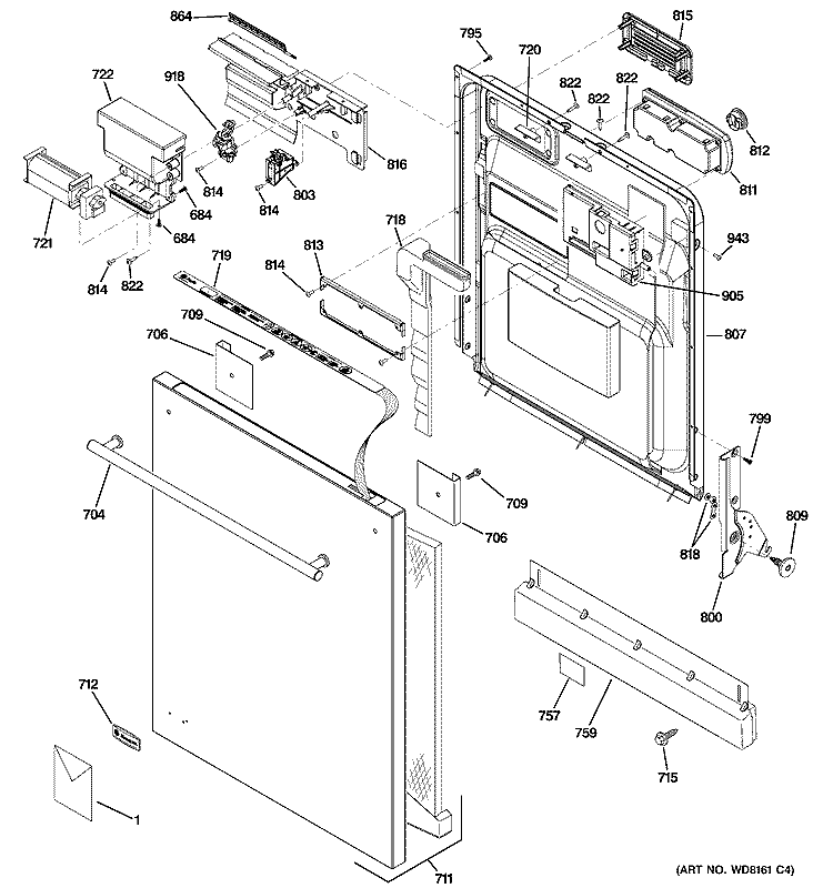 ESCUTCHEON & DOOR ASSEMBLY Diagram and Parts List for ZBD6880N20SS  General Electric Dishwasher