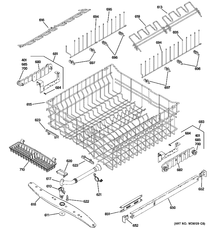 UPPER RACK ASSEMBLY Diagram and Parts List for ZBD6890N20II  General Electric Dishwasher