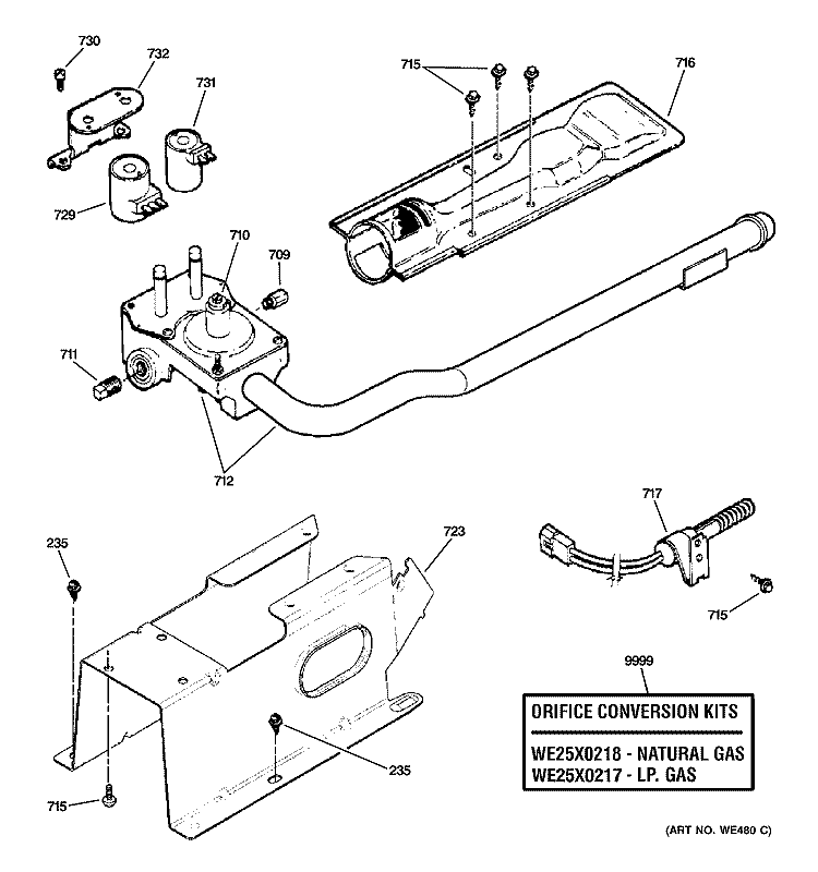 GAS VALVE & BURNER ASSSEMBLY Diagram and Parts List for DCVH660GH1BB  General Electric Dryer