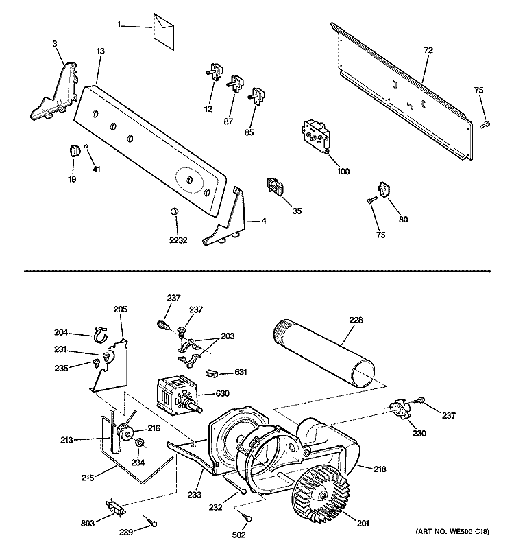 BACKSPLASH, BLOWER & MOTOR Diagram and Parts List for DLLSR40EG2WW  General Electric Dryer