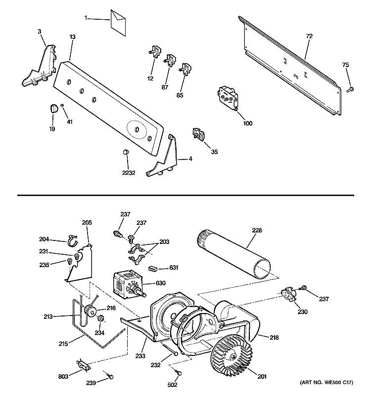 BACKSPLASH, BLOWER & MOTOR Diagram and Parts List for DLLSR40GG2WW  General Electric Dryer