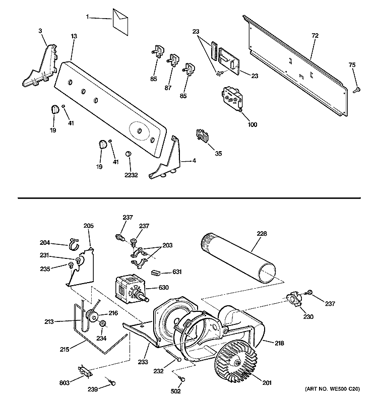 BACKSPLASH, BLOWER & MOTOR Diagram and Parts List for DRSR495EG2WW  General Electric Dryer