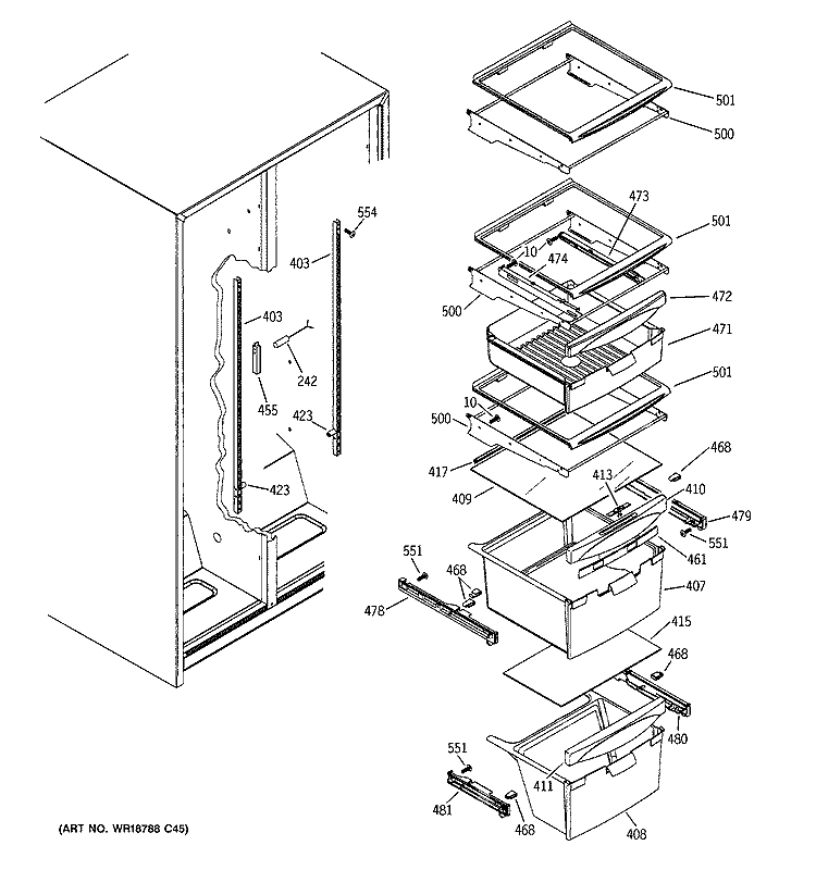 FRESH FOOD SHELVES Diagram and Parts List for ESH22JFWDBB  General Electric Refrigerator