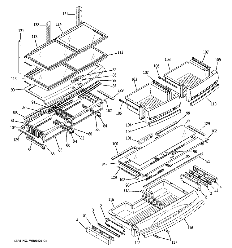FRESH FOOD SHELVES Diagram and Parts List for PGSS5PJXASS  General Electric Refrigerator