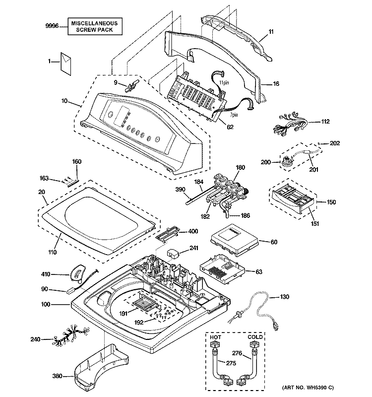 CONTROLS, BACKSPLASH & TOP PANEL Diagram and Parts List for WPGT9150H0WW  General Electric Washer