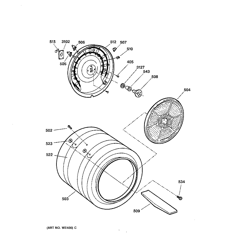 DRUM Diagram and Parts List for DNCK440EG1WC  General Electric Dryer