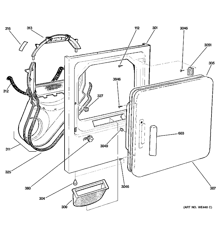 FRONT PANEL & DOOR Diagram and Parts List for DVLR223PG1WW  General Electric Dryer