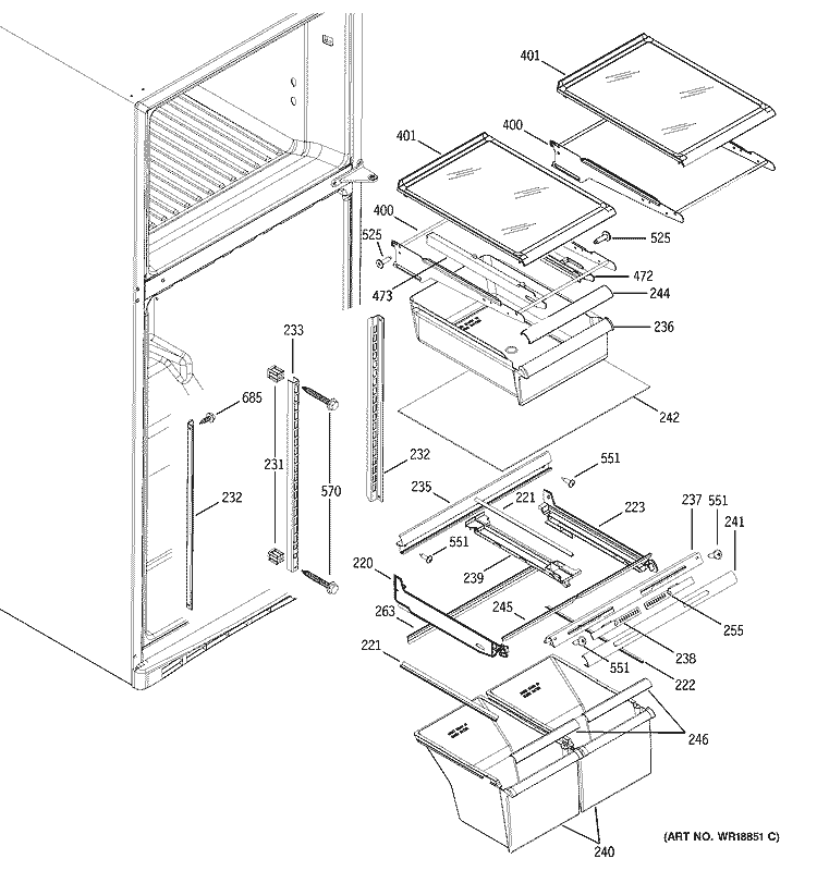 FRESH FOOD SHELVES Diagram and Parts List for GTS18KCMBRCC  General Electric Refrigerator