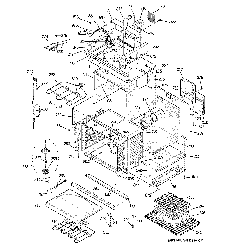 BODY WITH MICROWAVE SUPPORT Diagram and Parts List for JT965WF3WW  General Electric Microwave Oven Combo