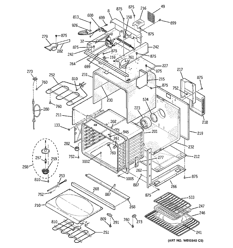 BODY WITH MICROWAVE SUPPORT Diagram and Parts List for JT965SF2SS  General Electric Microwave Oven Combo