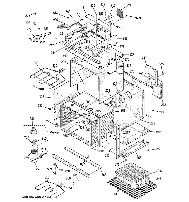 BODY WITH MICROWAVE SUPPORT Diagram and Parts List for JTP86CF2CC  General Electric Microwave Oven Combo