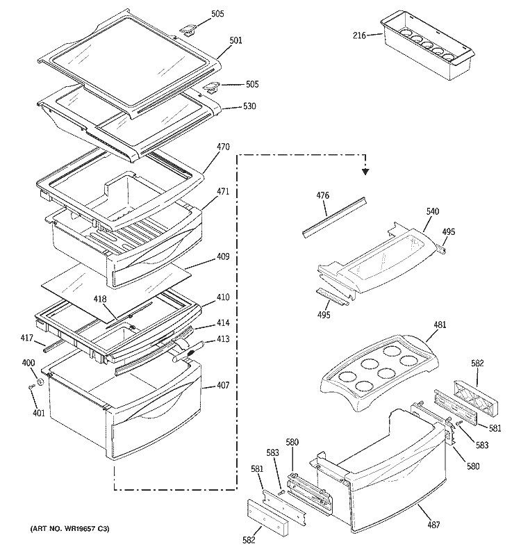 FRESH FOOD SHELVES Diagram and Parts List for PHG25PGTAFWW  General Electric Refrigerator
