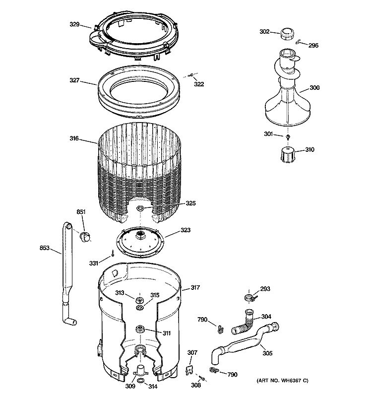 TUB, BASKET & AGITATOR Diagram and Parts List for WMCD2050H1WC  General Electric Washer