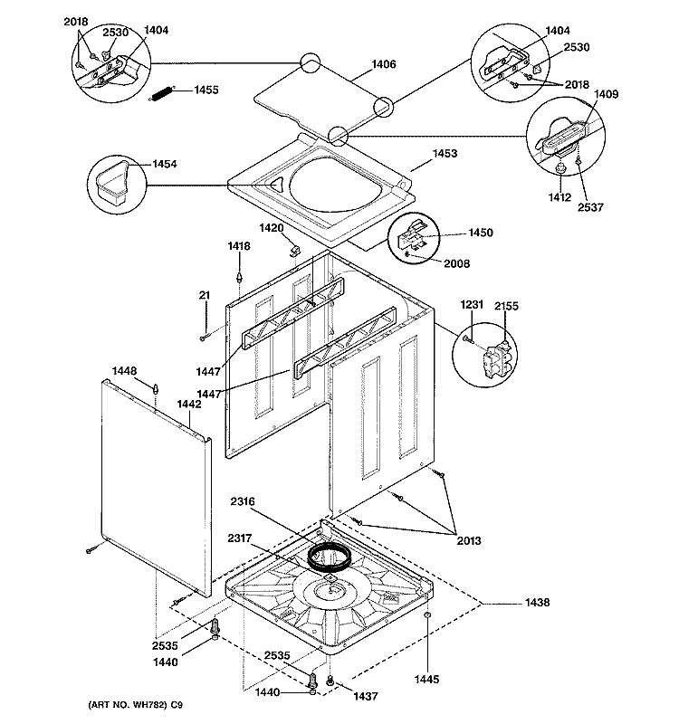WASHER LOWER CABINET & TOP Diagram and Parts List for WSM2700WEWWW  General Electric Washer Dryer Combo