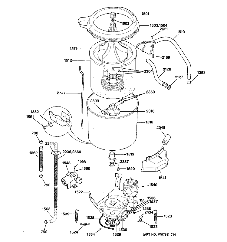 WASHER MOTOR & TUB Diagram and Parts List for WSM2700WEWWW  General Electric Washer Dryer Combo