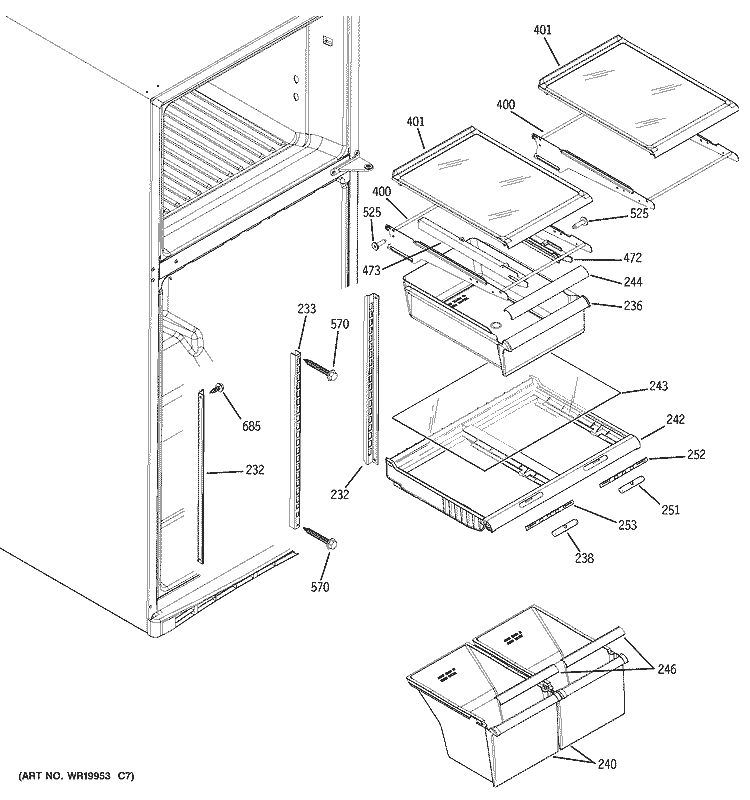 FRESH FOOD SHELVES Diagram and Parts List for GTS18SBSWRSS  General Electric Refrigerator