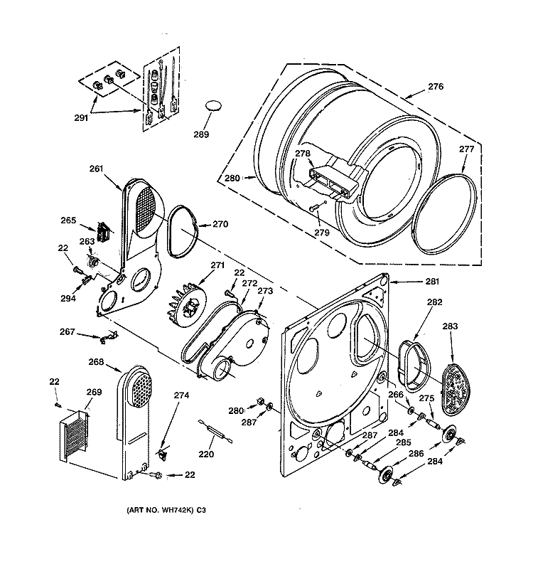 DRYER DRUM & BACK PANEL Diagram and Parts List for WSM2420TAAAA  General Electric Washer Dryer Combo
