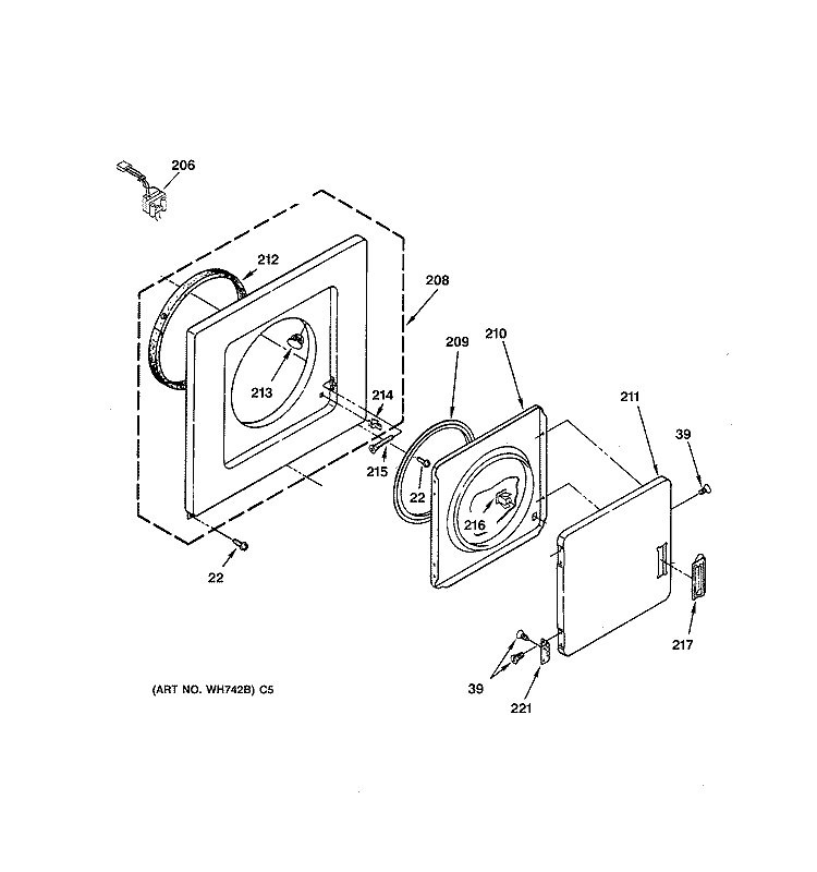 DRYER FRONT PANEL & DOOR PARTS Diagram and Parts List for WSM2420TBAAA  General Electric Washer Dryer Combo