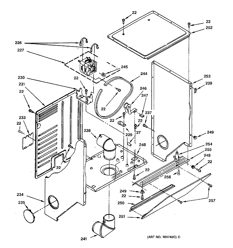 DRYER CABINET & MOTOR PARTS Diagram and Parts List for WSM2420TBAAA  General Electric Washer Dryer Combo