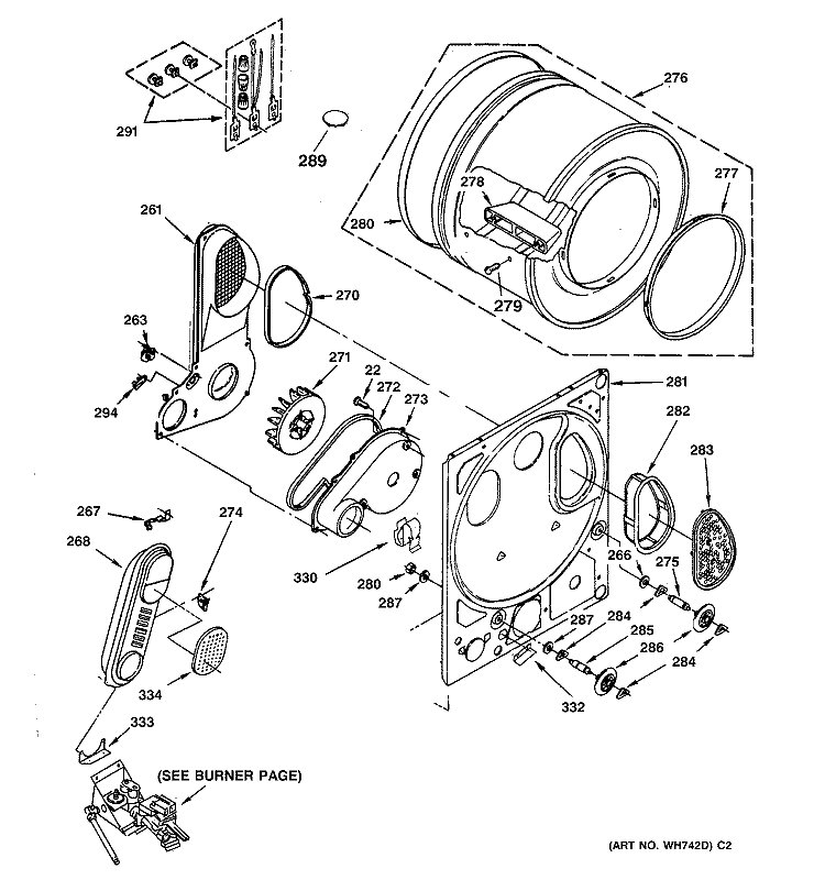 DRYER DRUM & BACK PANEL Diagram and Parts List for WSM2480TAAAA  General Electric Washer Dryer Combo