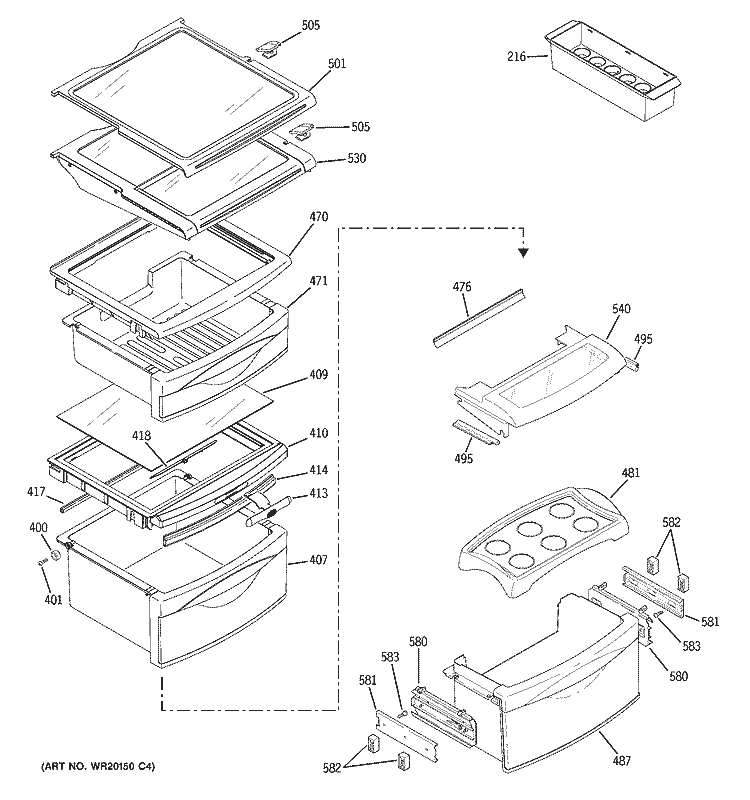 FRESH FOOD SHELVES Diagram and Parts List for PSK27SGWACSS  General Electric Refrigerator
