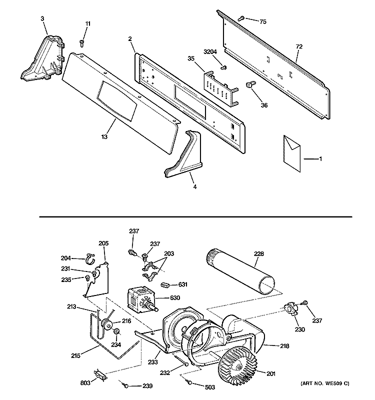 BACKSPLASH, BLOWER & MOTOR Diagram and Parts List for DNCD450GG1WC  General Electric Dryer